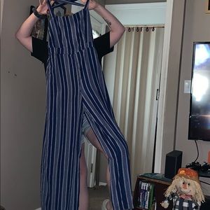 blue and grey striped jumpsuit